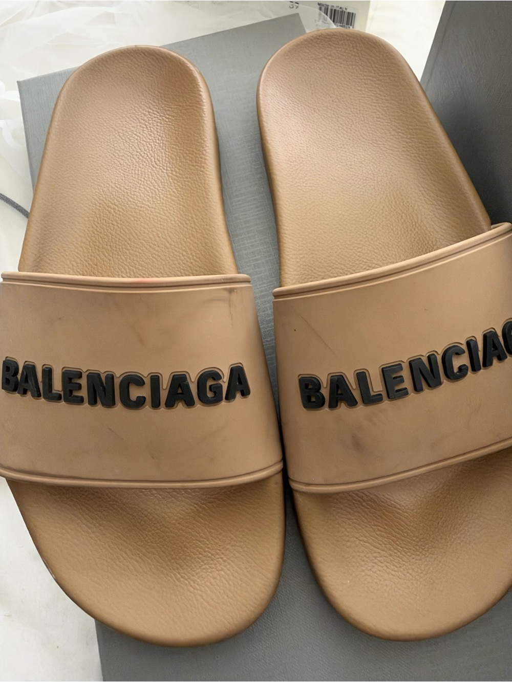 Balenciaga Tan Logo Slide Sandals with Black Lettering